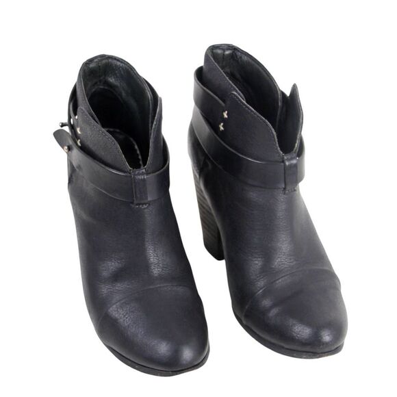 rag & bone NY BLACK GENUINE LEATHER HIGH HEEL ROUND TOE BELTED ANKLE BOOTS Sz 37 - Picture 2 of 9